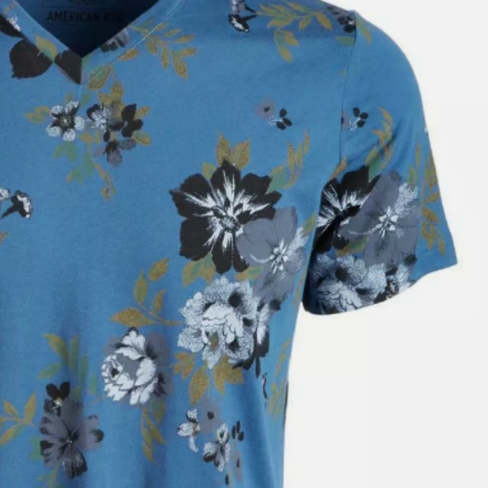 American Rag Mens Blue Floral V Neck Tee T-Shirt S - Picture 2 of 4